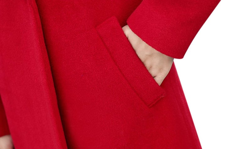 Tanming Womens Elegant Notched Collar Button Wool Blend Solid Long Pea Coat Overcoat (Red-S) - Image 5